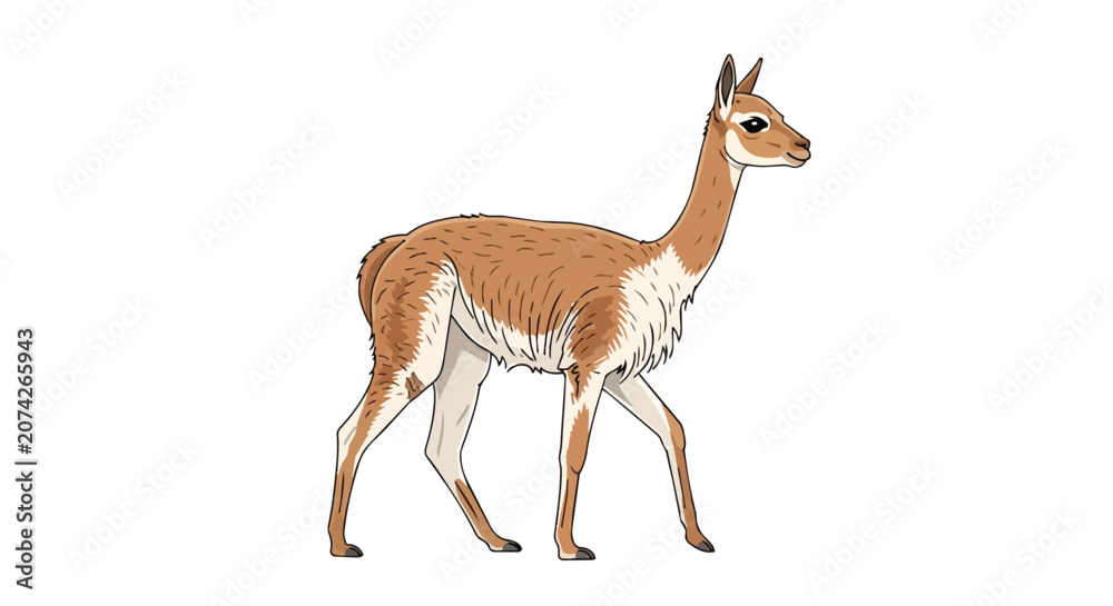 Fototapeta premium Realistic Wild Vicuna Illustration Walking on Plain White Background for South American Wildlife and Nature Concepts