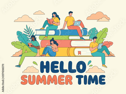 Summer reading illustration with people relaxing on colorful books tropical leaves and cheerful atmosphere