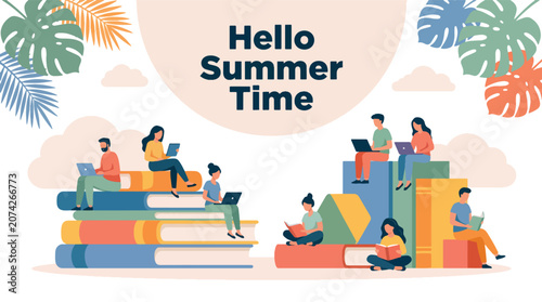 Summer learning illustration with people reading and relaxing on giant colorful books with tropical leaves and clouds Hello Summer Time concept