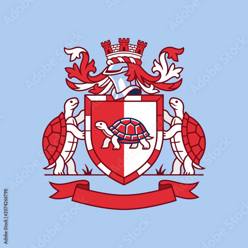 A heraldic emblem featuring two tortoises supporting a central shield