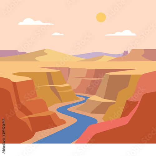 A winding blue river flows through a desert canyon