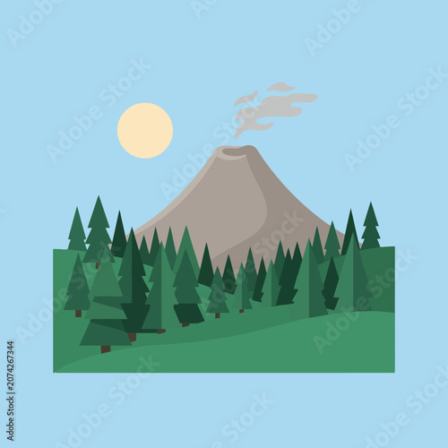 A flat vector illustration of a smoking volcano in nature