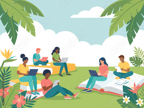 Outdoor learning teamwork illustration with students studying on giant books in nature vibrant leaves and flowers peaceful creative collaboration scene