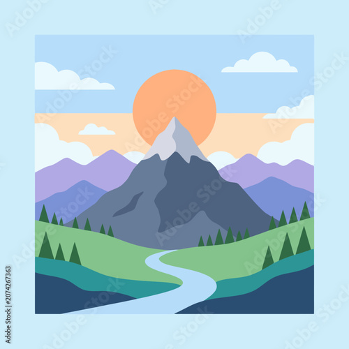 A flat vector landscape with mountains and a sun