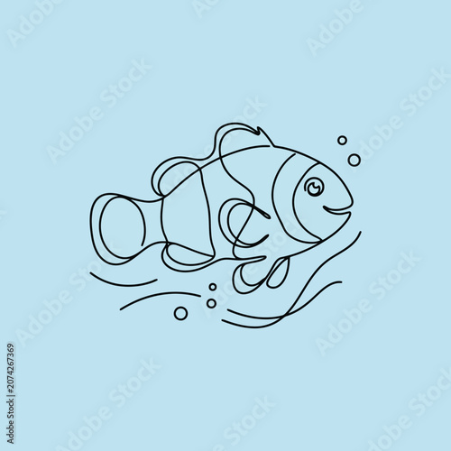 A simple line drawing of a cute clownfish swimming underwater