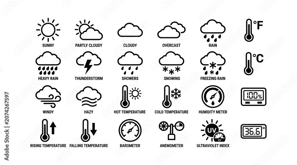 Fototapeta premium A collection of black and white weather icons on a white background