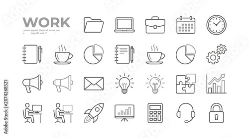 A collection of line art icons depicting various business and work related concepts.