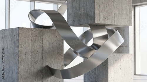 Abstract minimalist architectural sculpture with silver metallic ribbons weaving through textured concrete blocks