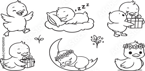 Canvastavla Cute duckling coloring page bundle, vector line art set of little ducks sleeping