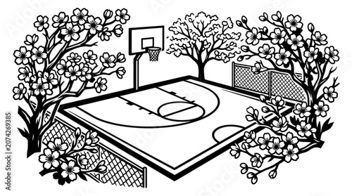 Basketball Court with Hoop and Net.
