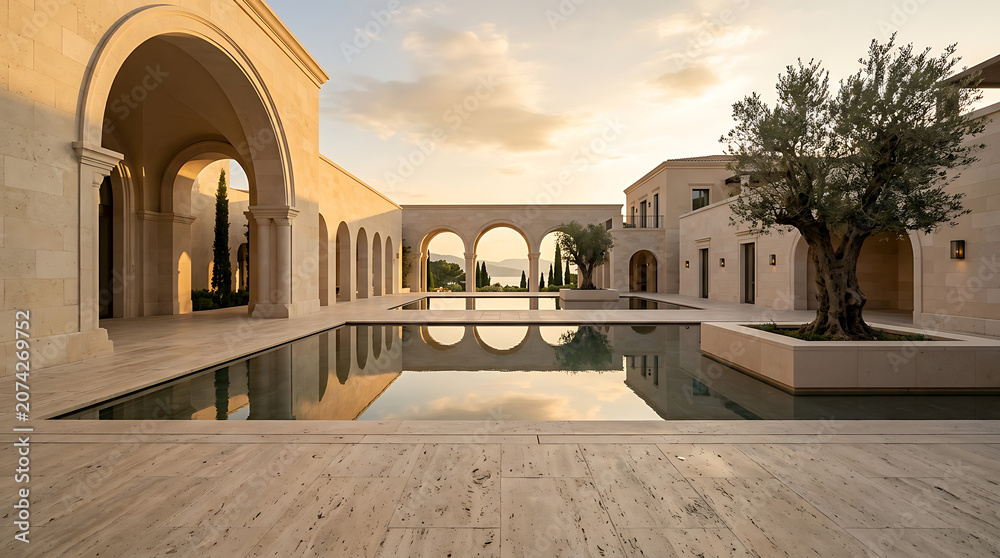 Obraz premium Luxurious mediterranean villa with serene pool and olive tree at sunset