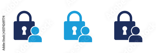 Set of blue user account security icons with padlocks and human silhouettes representing data protection.