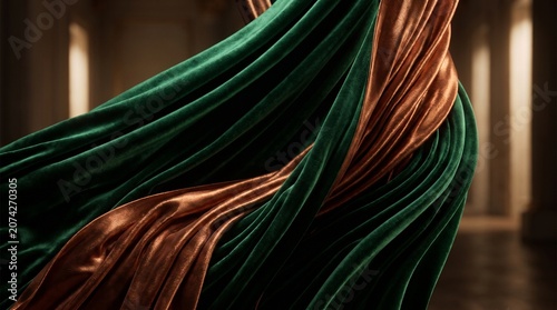 Abstract luxury background with emerald green velvet and rich copper fabric drapes in elegant folds