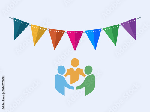 Foto Colorful bunting flags hang over a diverse group of people