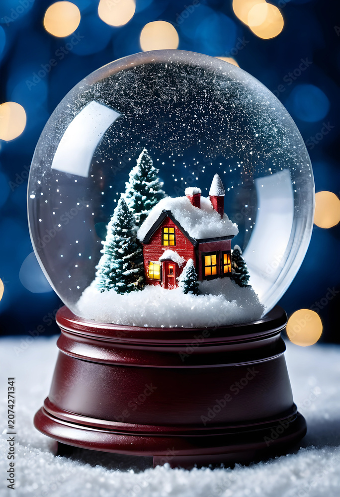 Fototapeta premium Christmas snow globe with a snowy house and trees
