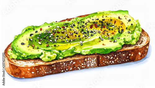 Watercolor painting of avocado toast with mixed seeds, creamy avocado spread on artisan toasted bread, delicate brush strokes, hand drawn food illustration, isolated on white, culinary artwork.