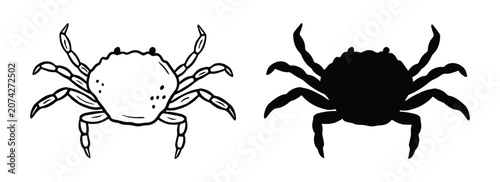 Clip art crab silhouette and doodle. Vector hand drawn illustration. Suitable for design, menu, invitations, decor.	