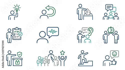 Soft skills communication and feedback line icon set.