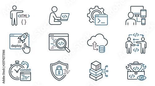 Принти на полотні Software deployment and HTML coding process icons.