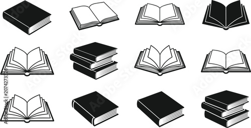 Bild auf Leinwand Collection of Black and White Book Icons and Symbols Set Featuring Open Pages St