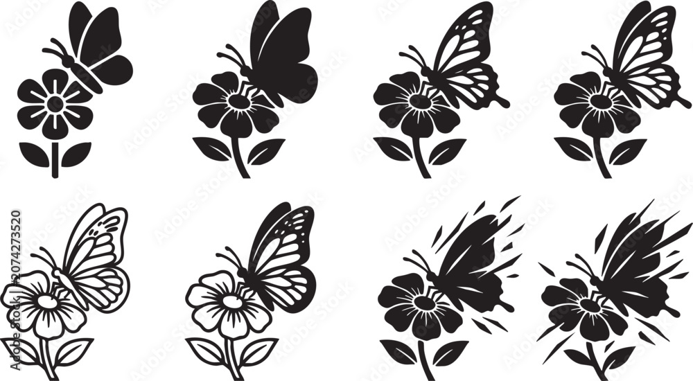 Obraz premium Collection of black butterfly and flower silhouettes