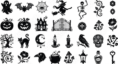 Set of hand drawn halloween elements including ghosts bats pumpkins witch skeleton haunted house tree cat moon candles raven skull and potion bottles