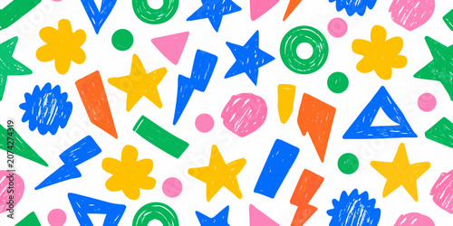 Konstfotografi Colorful hand drawn shapes seamless vector pattern on white background