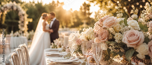 Celebrating love and a romantic wedding reception with a bride and groom during golden hour sunset