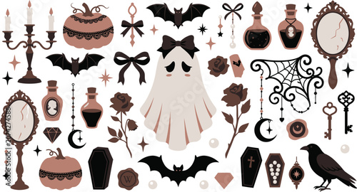 A collection of gothic halloween elements featuring cute ghosts bats pumpkins roses vintage mirrors potions and black bows on a white background