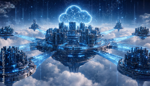 Futuristic Digital Cloud City Network with Glowing Blue Connections and Skyscrapers Floating in the Sky