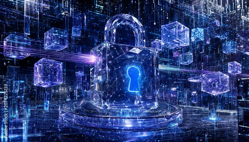 Futuristic digital padlock with glowing keyhole surrounded by abstract data cubes and light beams digital security
