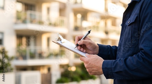 Close-up of a professional's hands writing on a clipboard, overlooking a modern residential tower under bright sunlight, concept for property management, quality inspection and real estate investment