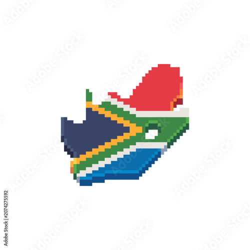 Pixel art map of South Africa filled with the national flag colors. Retro 8-bit geographic icon, travel, geography, education, game assets, UI, infographics, and country-themed designs.