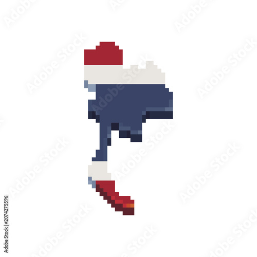 Pixel art map of Thailand filled with the national flag colors. Retro 8-bit geographic icon, travel, geography, education, game assets, UI, infographics, and country-themed designs.