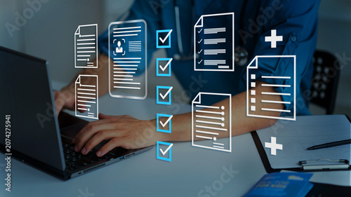 Canvastavla businessman holding a digital healthcare symbol with medical network icons represents online medical services, protection, and modern technological innovation