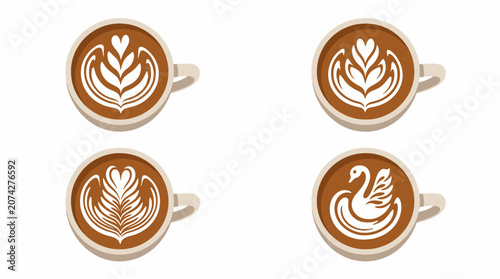 Four cups of coffee with beautiful latte art on white