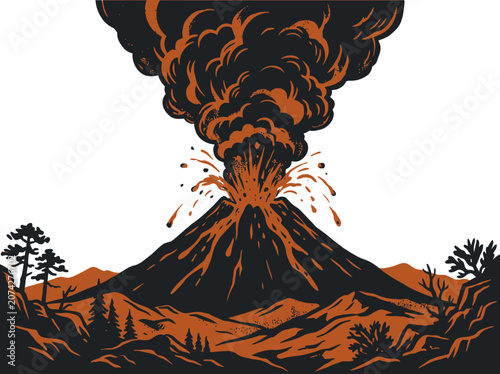 Photos A retro woodcut illustration of an erupting volcano