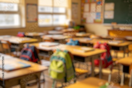 Defocused school classroom with colorful bags and study furniture.