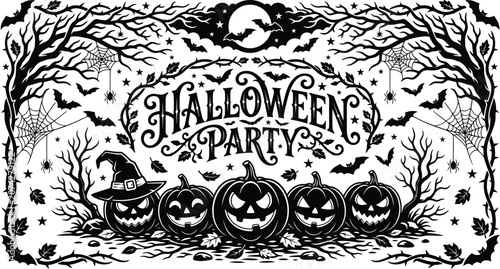 Helloween party vector illustration jack o' lanterns spiders bats and spooky tree design