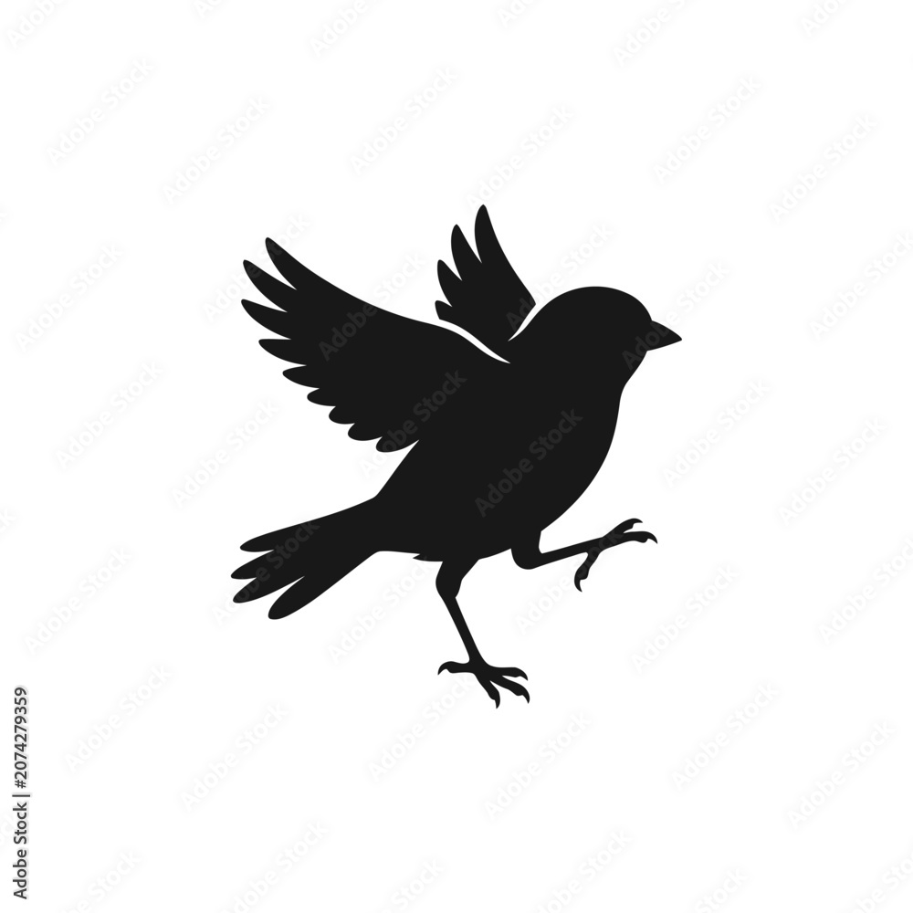 Fototapeta premium Black bird silhouette, flying bird icon, bird in motion, animal shape isolated on White Background silhouette
