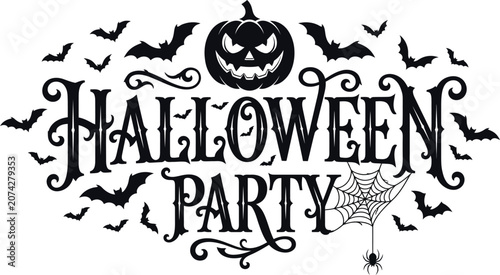 Helloween party typography design with jack o' lantern bats and spiderweb illustration