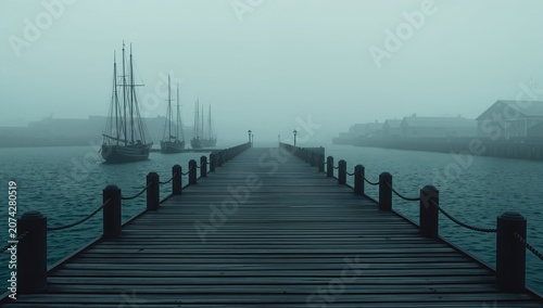 Serene Foggy Waterfront with Wooden Pier and Sailing Ships in the Distance
