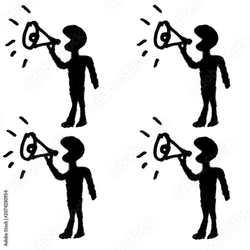 Doodle Stick Figure Megaphone Set Vector Illustration