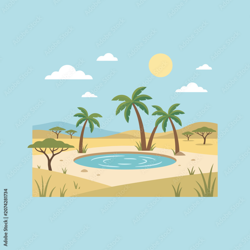 Fototapeta premium A peaceful oasis in the desert with palm trees