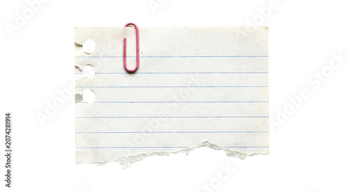 Torn lined paper note with red paperclip isolated on transparent background