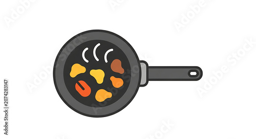 Top view of a frying pan with cooking food and steam