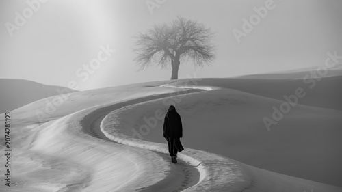 Person walking alone on a snowy winding country road
