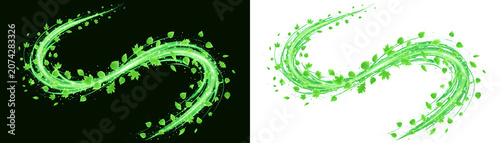 Glowing green neon swirl, abstract light trails, dynamic motion graphics elements, glowing effect