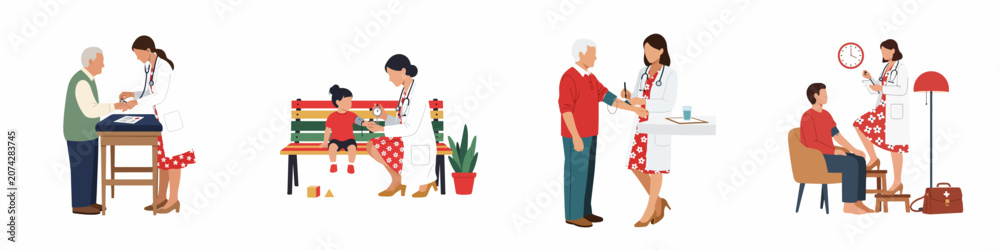 Obraz premium Flat vector illustration set of a female doctor performing blood pressure checks on patients of different ages including children and the elderly.