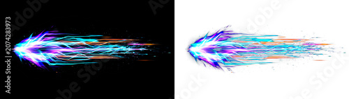 Glowing neon arrow trails, colorful light effects, motion blur, abstract background elements